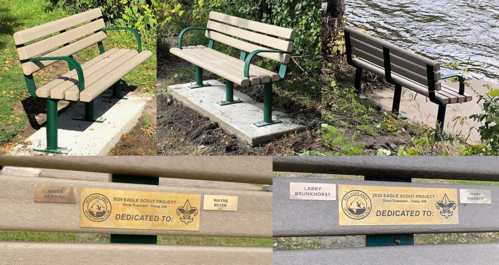 Green and wood colored benches with dedication name plaques.